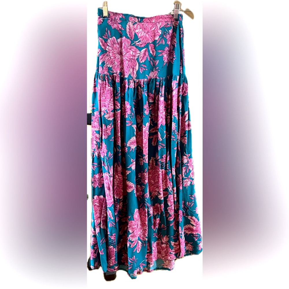 Summer pink and blue floral midi skirt XS